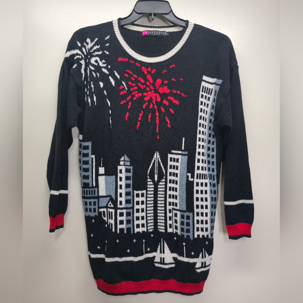 Vintage I.B. Diffusion 80s Novelty City Skyline Sweater S M New Year Party